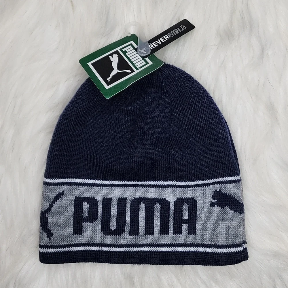 Puma Bryant Reversible Beanie Navy Blue Grey White New With Tags